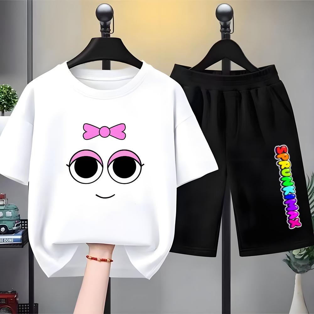 Summer Boys Girls Age 3-12 Tee+Shorts Suit Children Short Sleeve T-Shirts Child Casual Pink Black Clothes Sprunki Graphics