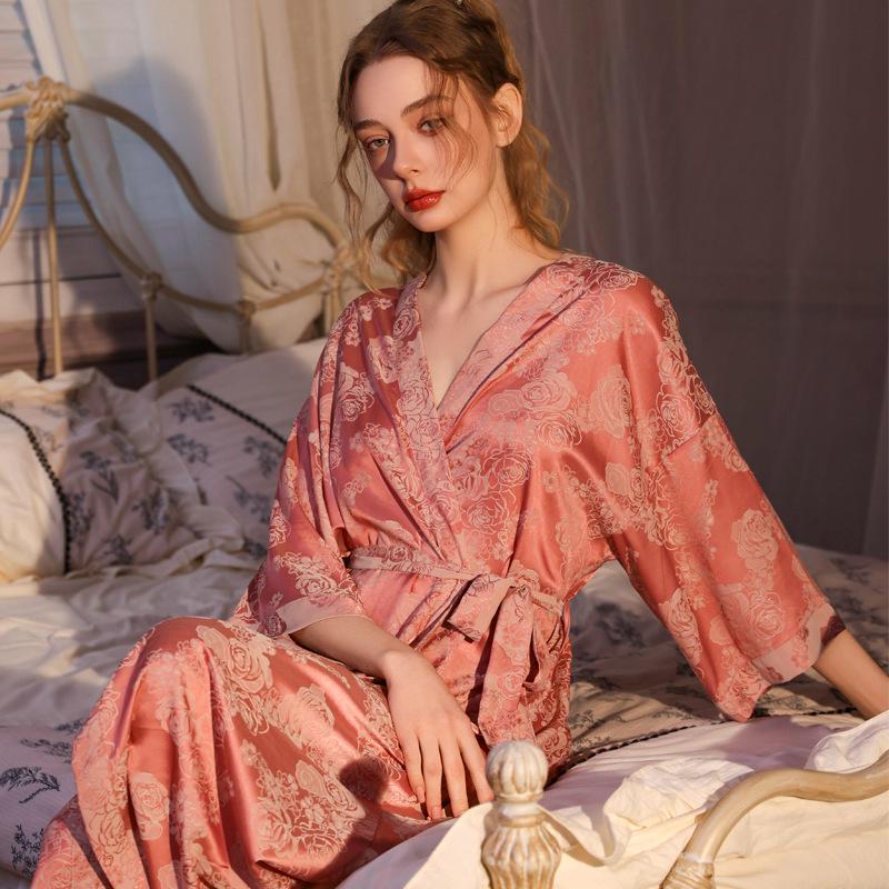 Vestaglia Jacquard da Donna Lusso Leggero: Accappatoio Lungo Primavera/Autunno, Raso di Seta Ghiacciata, Sensazione di Lusso, Accappatoio Singolo, Gonna da Bagno Pronta per l'Estate.