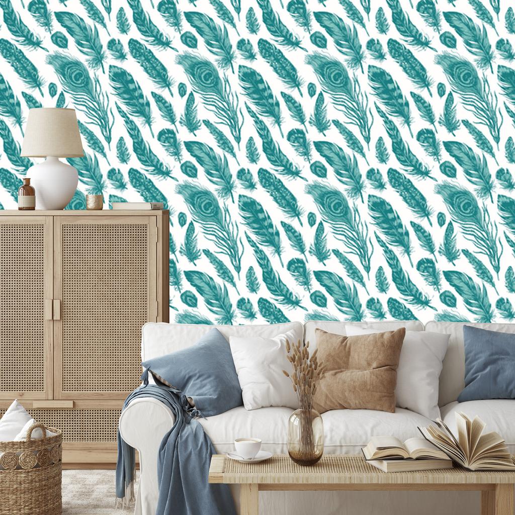 Wallpaper Turquoise feathers on a white background for the living room and bedroom 50x1000