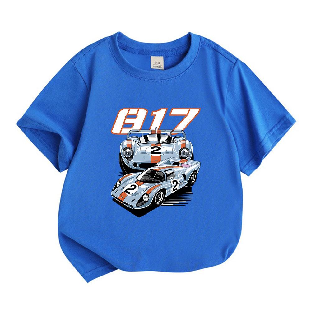 Kids Boys Girls Crew Neck Short Sleeve 100% Cotton T-Shirt, Classic Retro Racing Car 917 Pattern Print Casual Soft Tee for Children Daily Wear Street