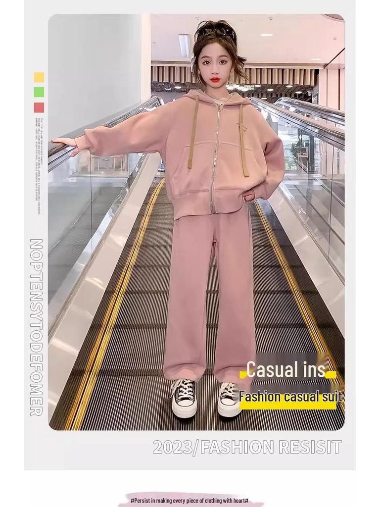 Girls' Autumn Sporty Set: Hooded Sweatshirt & Wide-Leg Pants Two-Piece