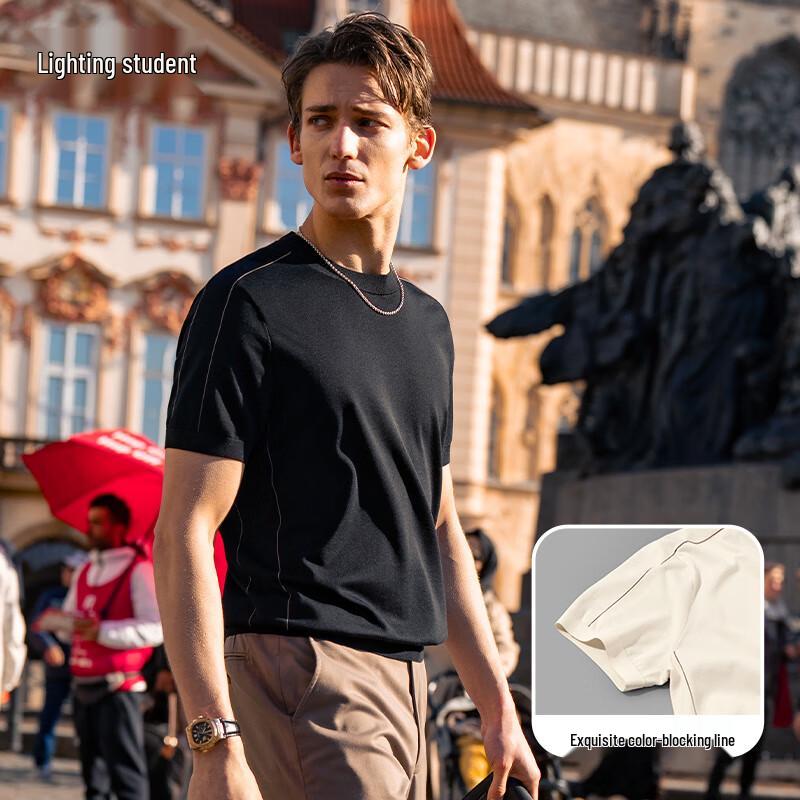 Men s Round Neck Color Block Saddle Shoulder Cool-Touch Knit T-Shirt XL (180)