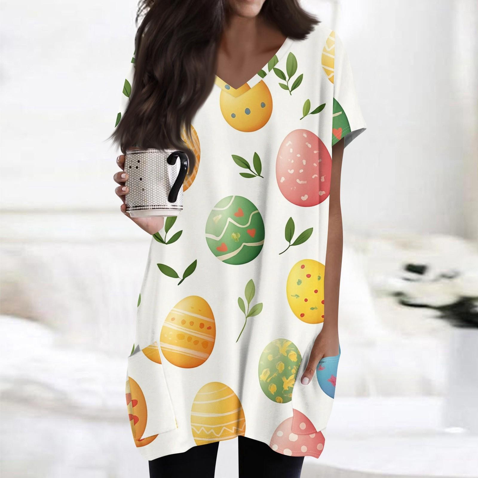 

Женские топы с V-образным вырезом, блузки с коротким рукавом, повседневные рубашки средней длины, модные туники с принтом и карманами M жёлтый