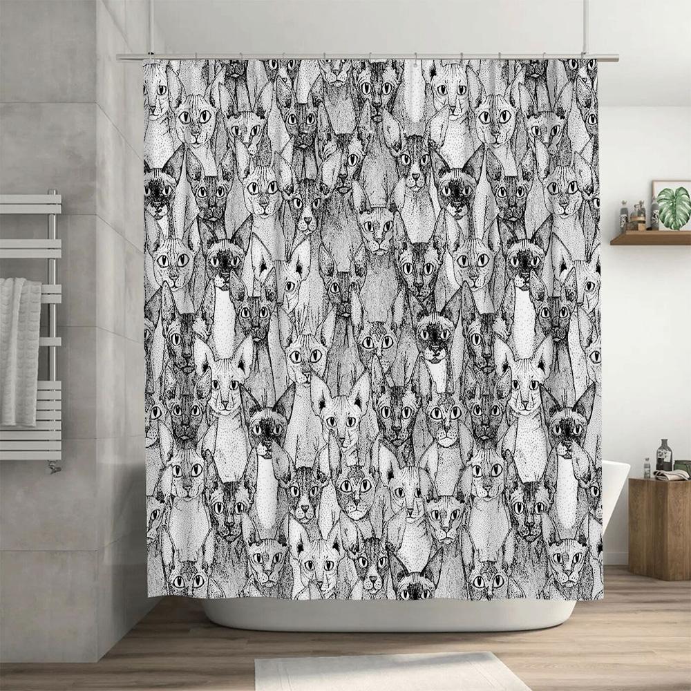 Cat Pattern Shower Curtain Artistic Black White Animal Print Bathroom Decor Modern Farmhouse Home Textile Washable Waterproof