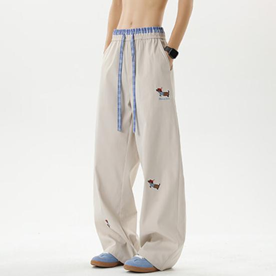 Men's Casual Baggy Pants Drawstring Waist Trousers with Cartoon Dachshund Embroidery Loose Fit Streetwear Pants for Vacation Travel School