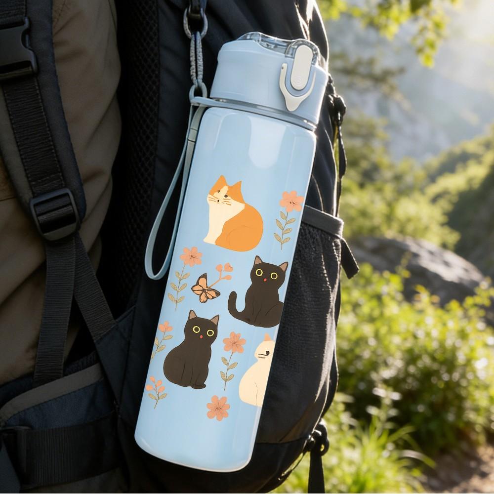 1PC Multi Cat Silhouette Pattern 750ml Color Plastic Sports Water Bottle Leakproof Flip Straw Lid Suitable for Sports Office Home Use