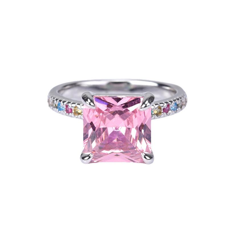 Redeen Cut Pink Diamond High Carbon Diamond Ring Women'S Luxury Ice Flower Cut Zircon 10 * 10 Colored Treasure Women'S Ring