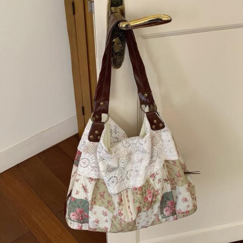 Floral Patchwork Canvas Shoulder Bag Vintage Lace Trim Hobo Bag Large Capacity For Commute & Travel Women Lightweight Handbag