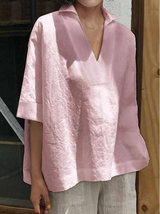 2025 Spring/Summer European-American V-Neck Cotton-Linen Solid Color Loose Mid-Sleeve Women's Shirt