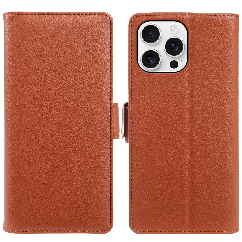 For iPhone 16 Pro Max Wallet Case with Dual Magnetic Clasp Litchi Textured Leather Flip Stand Phone Cover
