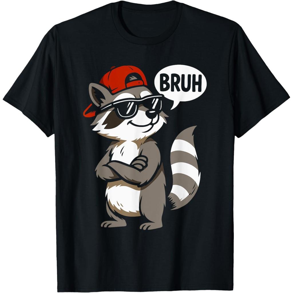 Funny Bruh Raccoon Graphic Tee Men Women Cool Cartoon Animal Print Casual O-Neck T-Shirt