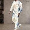 Men S Plus Size Blue Beige White Printed Two Piece Set Round Neck Long Sleeve Top Cuffed Pants
