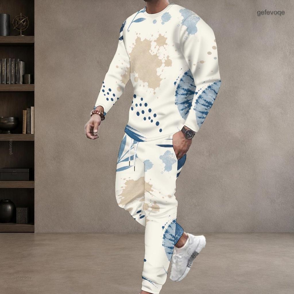 Men S Plus Size Blue Beige White Printed Two Piece Set Round Neck Long Sleeve Top Cuffed Pants