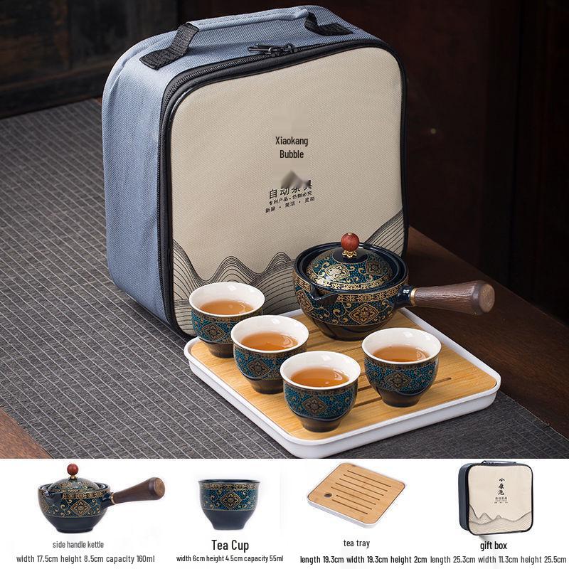 Compact Travel Tea Set with Automatic Rotating Teapot and Side Handle Kung Fu Cups