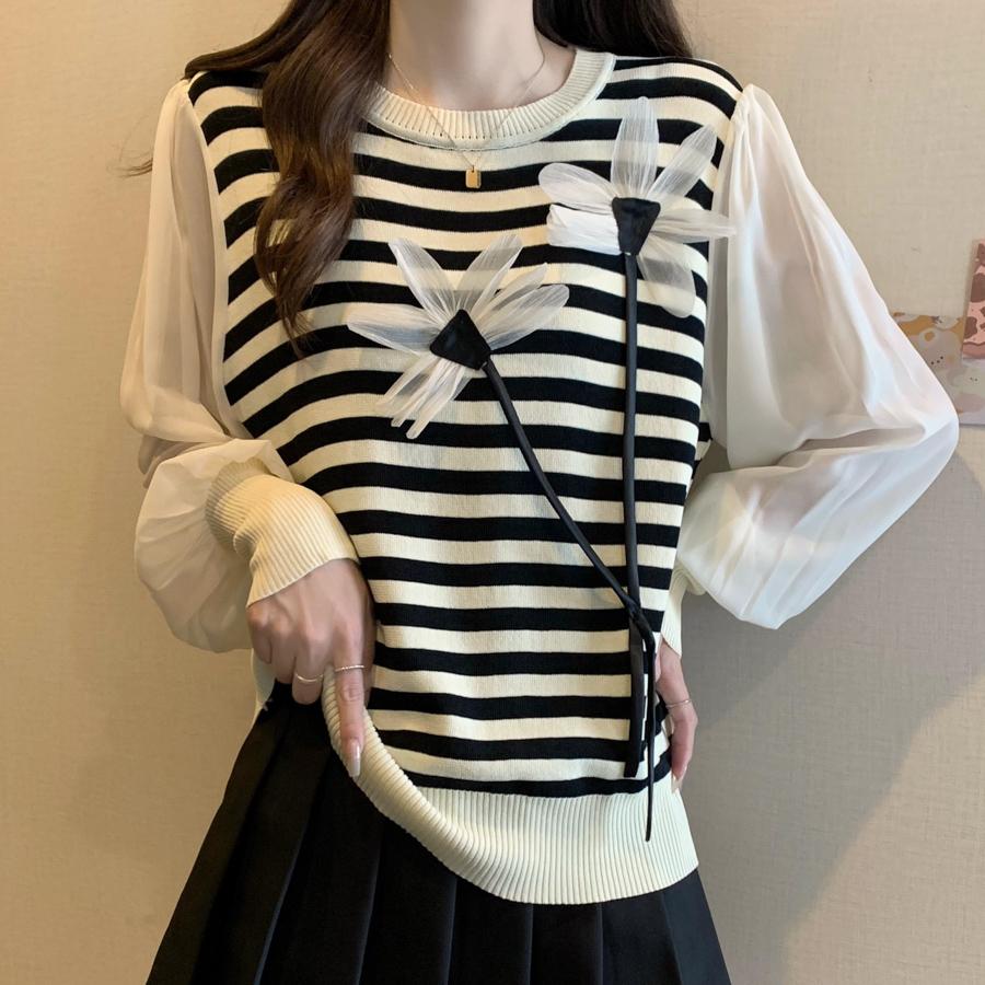 Modischer Herbst- und Winter-Neuer 3D-Blumen-Gestreifter Langarm-Gespleißter Strickpullover