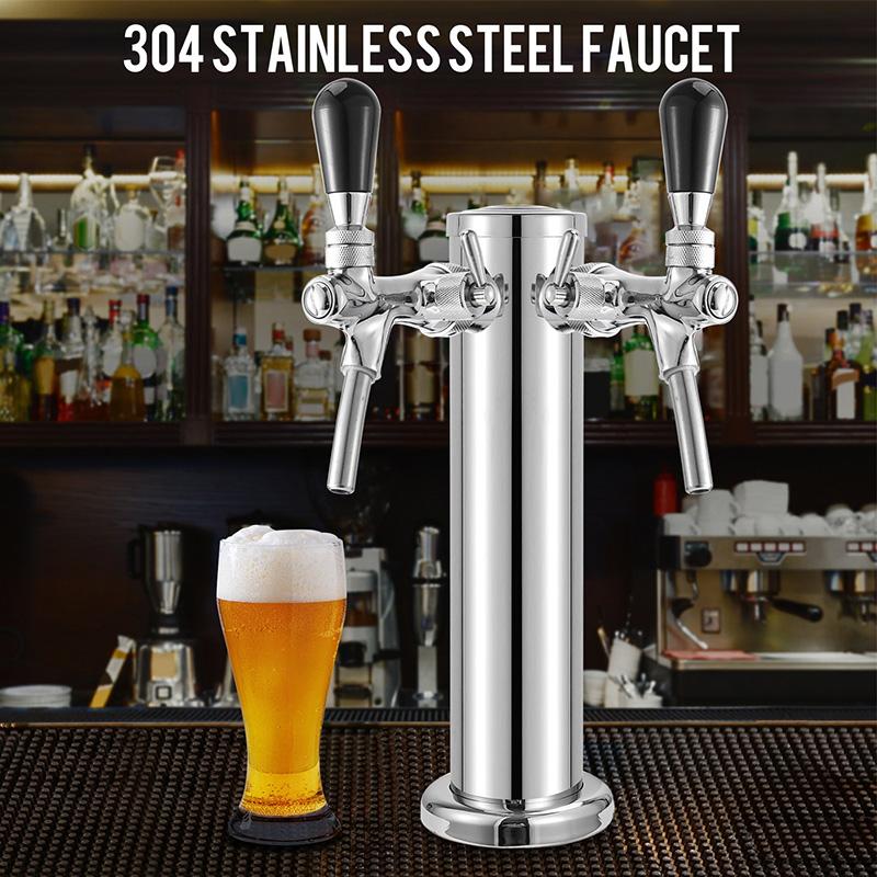 Draft Beer Tower,Dual Faucet Tap Kegerator Tower,3'' Dia. Stainless Steel Column Beer Dispenser with Hose,Wrench,Brewing Bar Kit