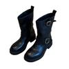 Sheepskin version~ retro round head belt buckle medium boots 2025 new thick heel Martin boots knight boots