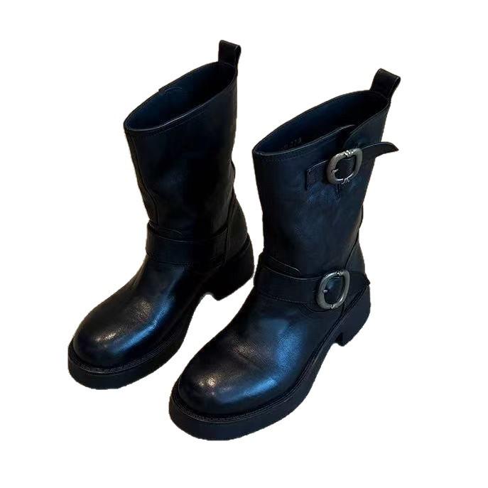 Sheepskin version~ retro round head belt buckle medium boots 2025 new thick heel Martin boots knight boots