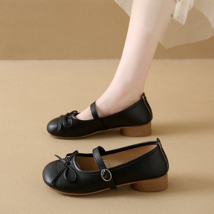 

Shoes women s summer versatile Mary Jane shoes bow small leather shoes gentle French round head retro fairy style single shoes 40 чёрный