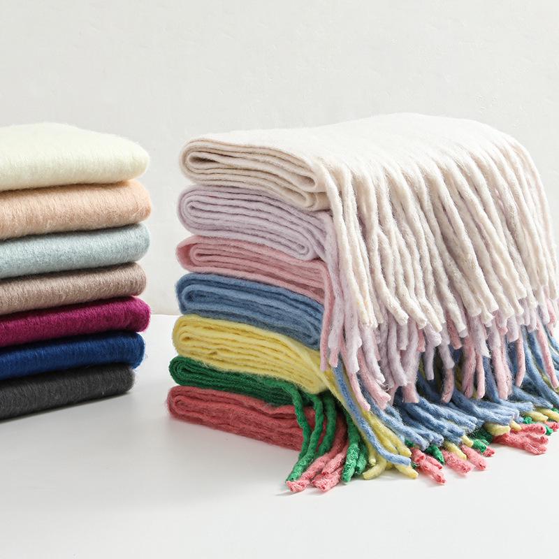 Men's and Women's Thick Woolen Scarf: Solid Color Knitted, Warm, Tassel-Edged, Imitation Cashmere for Winter