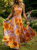 Europe, America, Amazon 3D Digital, Plus Size Printing Sleeveless V-neck Ruffle Edge Waist Long Dress