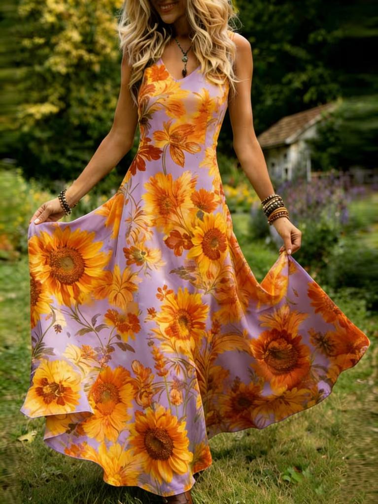Europe, America, Amazon 3D Digital, Plus Size Printing Sleeveless V-neck Ruffle Edge Waist Long Dress