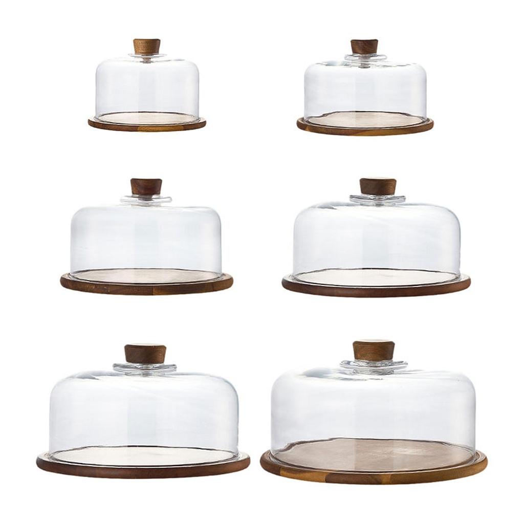 Cake Display Server Tablet Stand with Dome Plate Glass Dessert Wood Serving Shell for