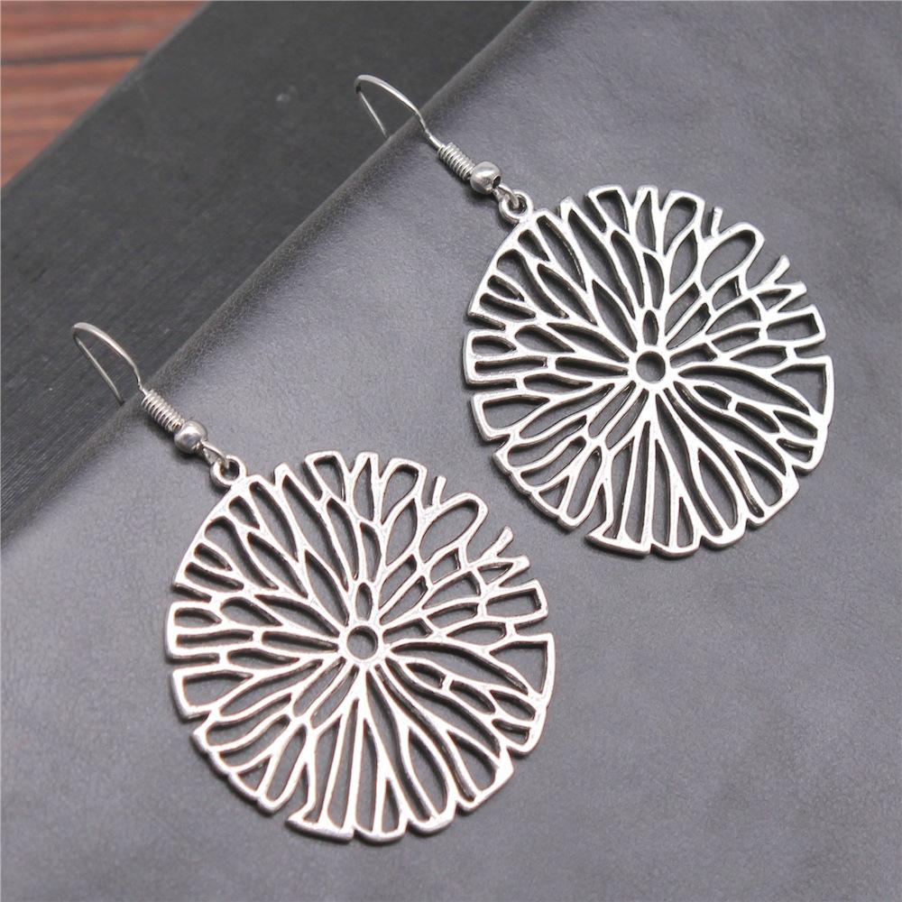 Bohemia Vintage Carve Mandala Flower Antique Silver Color Drop Dangle Earring For Women Girl Antique Hollow Jewelry