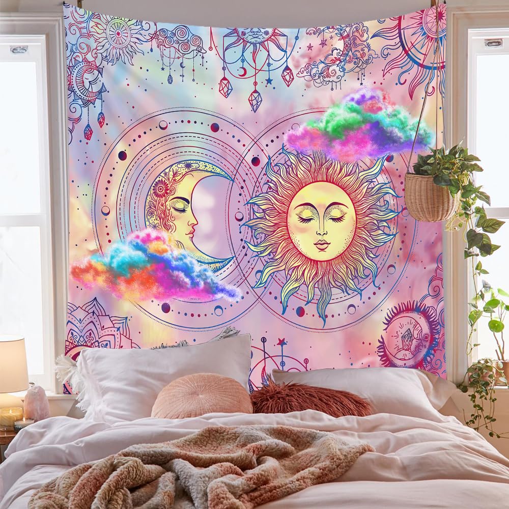 Neon Sun & Moon Tapestry, Psychedelic Rainbow Celestial Print with Clouds On Black Background, Wall Hanging for Boho Decor