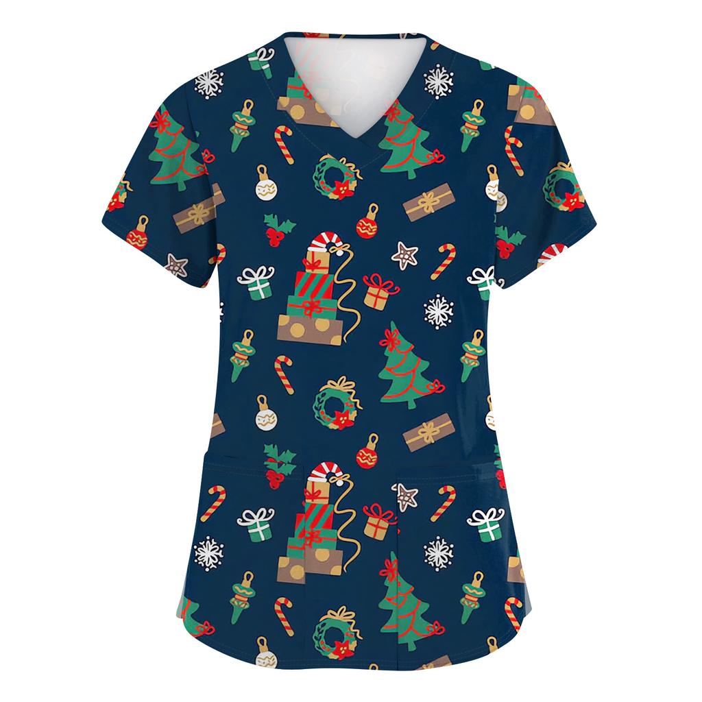 Women's Fashion Short Sleeve Christmas Print V-Neck Pocket Workwear Tops