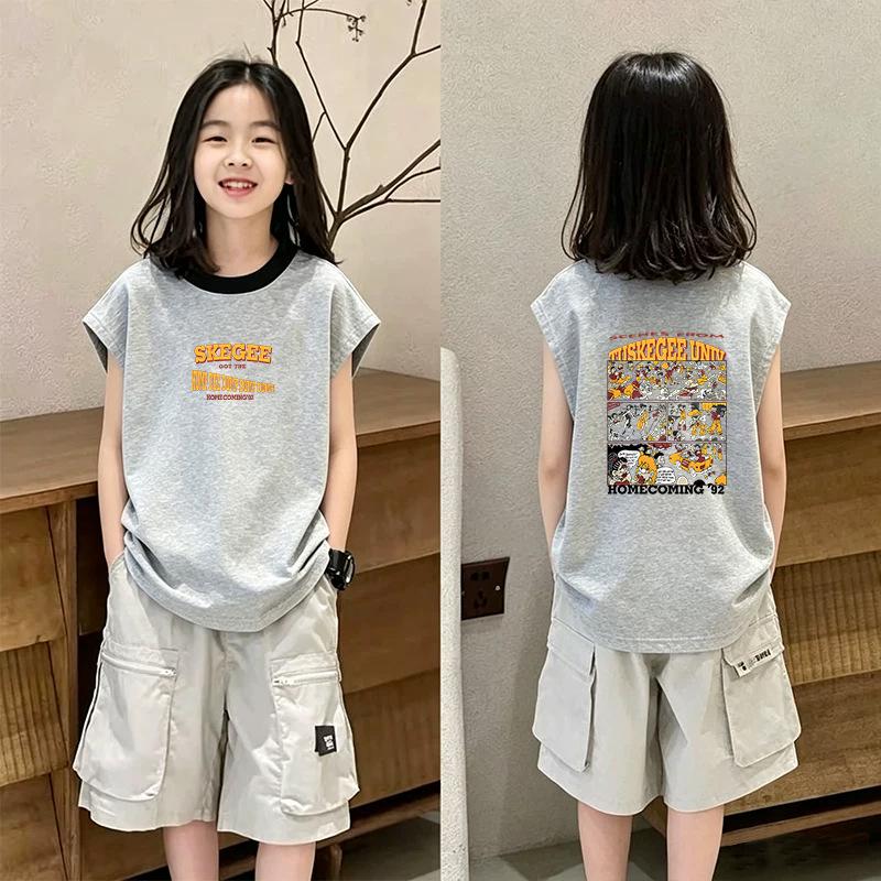 Stylish Girls' Colorblock Round Neck Sleeveless Cotton Top - Summer New Arrivals for Medium & Large Children