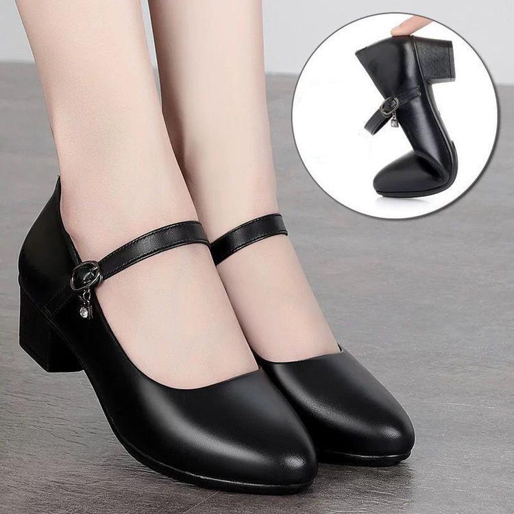 Women's Medium Heel Pumps - Soft Leather Non-Slip with Adjustable Buckle Comfortable for Daily & Casual Wear
