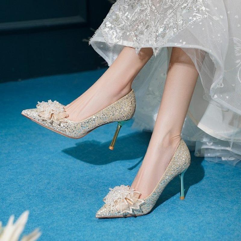 Fashion 2025 New Spring and Summer Wedding Shoes Two Wear Bridal Shoes Rhinestone Sequin Heels