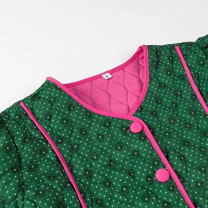 Womens Casual Cotton Blend Jacket Green Color Block Round Neck Butterfly Detail Street Style