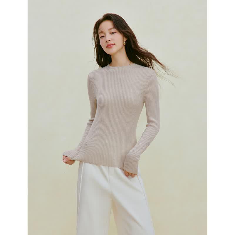 INMAN Women's Long Sleeve Ribbed Merino Wool Pullover Sweater