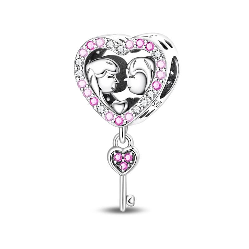 Original 925 Silver Family Charms Mom Flower Heart Beads For Necklace DIY Bracelet Present Jewellery Gift Mother's Day