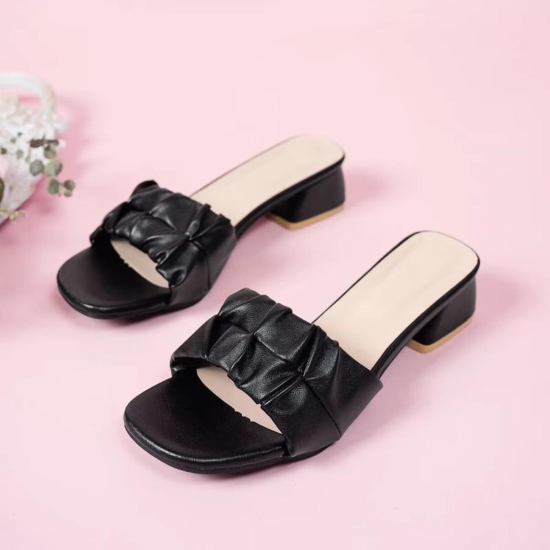 Women Summer New Chunky Heel Slippers Fashion Pleated Square Toe  Women Sandals Casual Elegant Ladies Dress Sandals Women Shoes