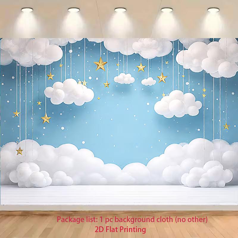 

2D Blue Sky White Clouds Backdrop, Gold Star Baby Shower Photography Background 47.2x31.5inch/120*80cm