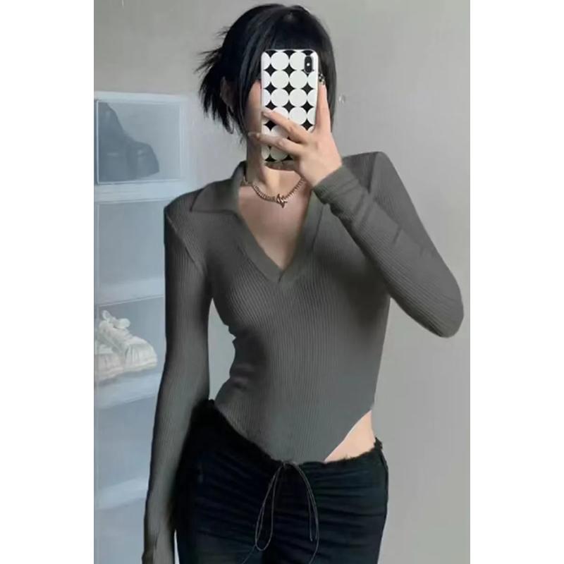 Deep V Long-sleeved Jumpsuit for Women Sexy Hot Girl Slim Fit Top Bottoming T-shirt