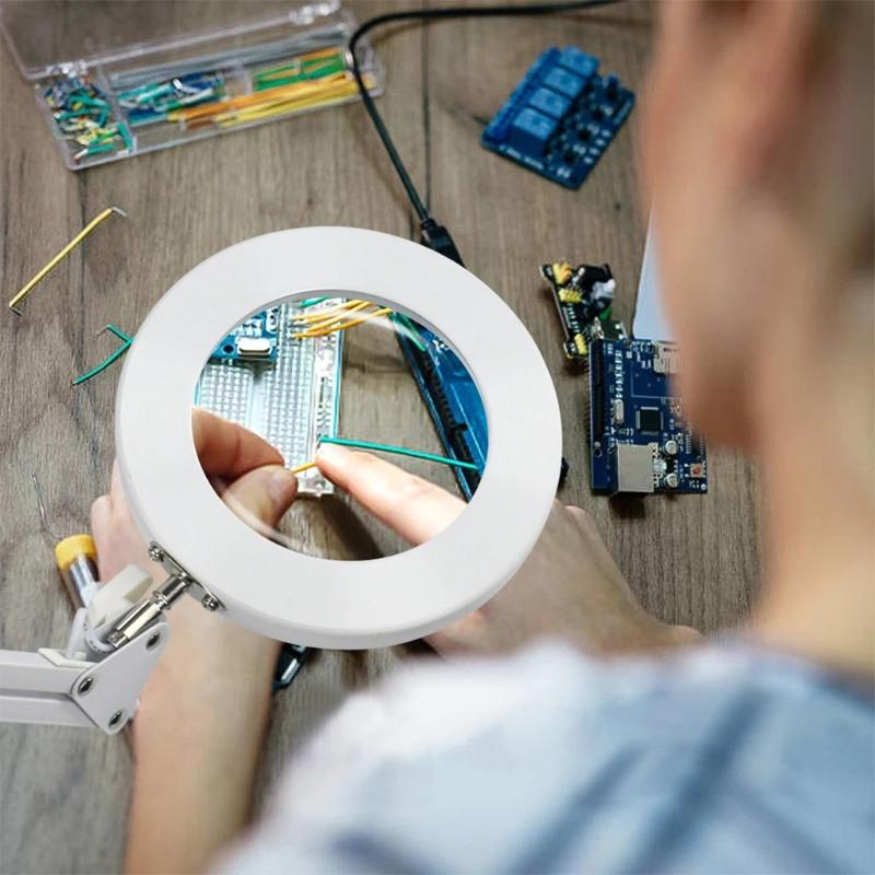 LED Magnifying Lamp Metal Swing Arm Magnifier Lamp - Stepless Dimming 3 Color Modes 5X Magnification Adjustable