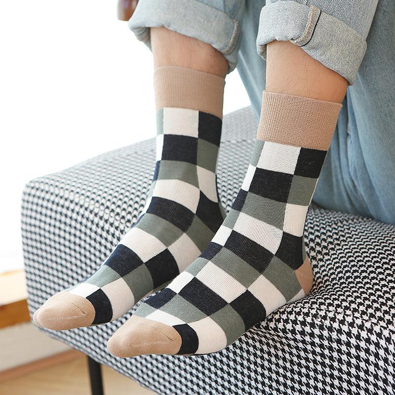5 Pairs Colorful Argyle  Pattern Cotton Men Crew Dress Socks Pack Novelty Quality Designer Harajuku Gifts For Men Husband Happy