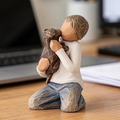 Puppy And Boy Figurine Kneeling Boy In Blue Jeans Holding Dog Statue Resin Sculpture for Bedroom Office Desk Bookshelf Decor Gifts for Dog Lovers