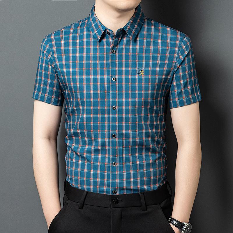 New short-sleeved shirt men's summer high-end business men's plaid casual shirt middle-aged light luxury fashion top