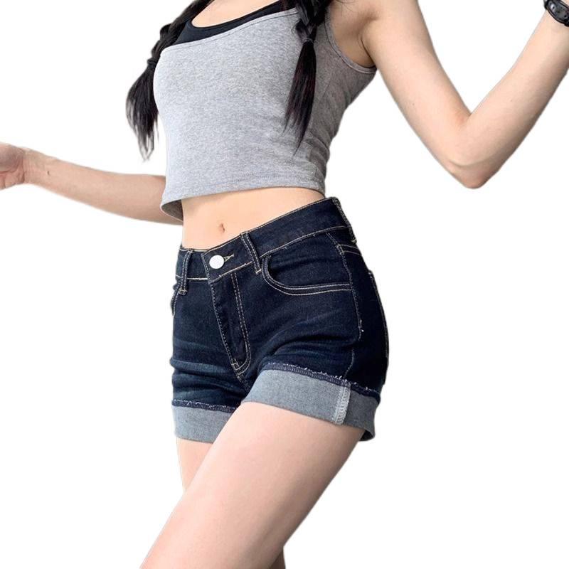 Women's High-Waisted Denim Shorts - Water-Washed, Rolled Hem, Slimming A-Line Fit, Stretchy and Hip-Hugging. Perfect for Summer 2026 Hot Girl Style.