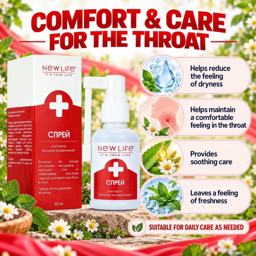 New Life Throat Spray, Cosmetic Balm with Plant Extracts, Propolis, Sea Salt and Colloidal Silver, 50 Ml
