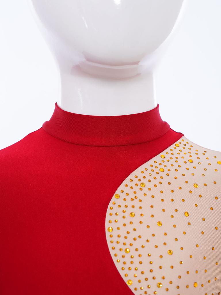 Flickor Gymnastik Dansuppvisning Dräkt Mock Turtleneck Långärmad Glittriga Strass Färgblock Bodysuit