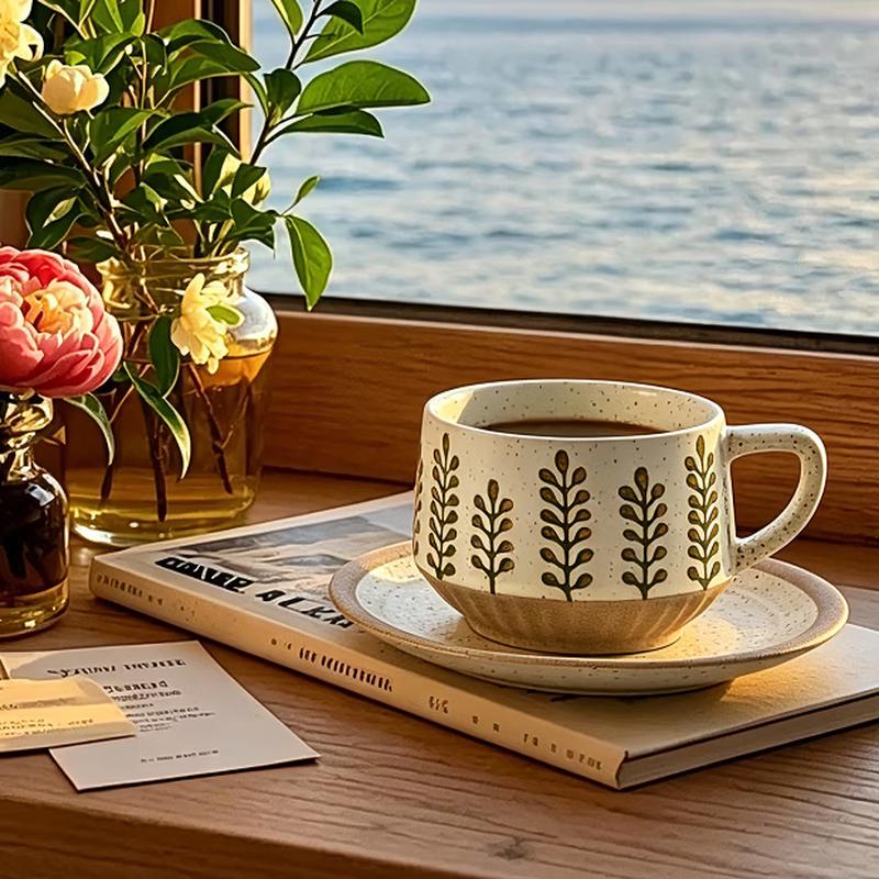 Feiyu Retro Ceramic Coffee Mug and Saucer Set 300ml