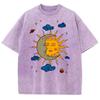 Mens Moon and Sun Printed Tshirt Oversized Short Sleeved Retro Washed Shirt Summer Top