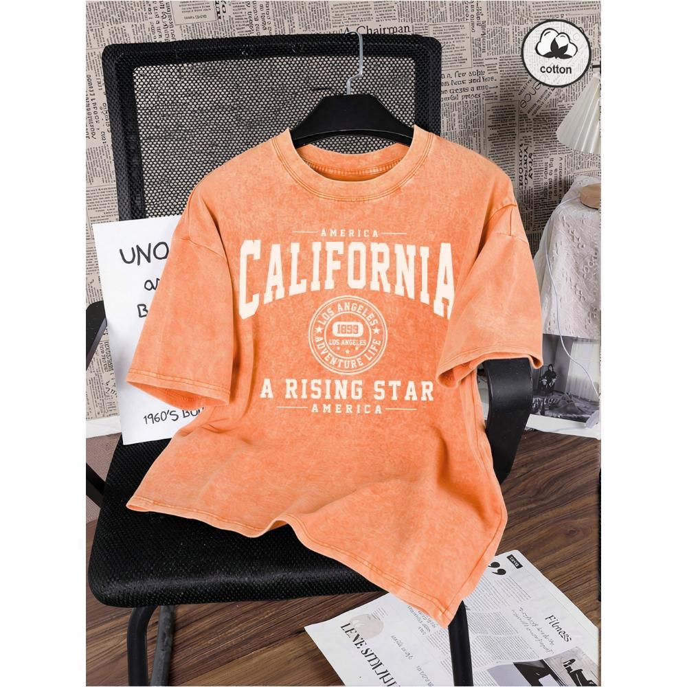 America California Printed Washed T-Shirt Mens Cotton Oversized T Shirt Casual O-Neck Short Sleeve Tops Basic Male Tees