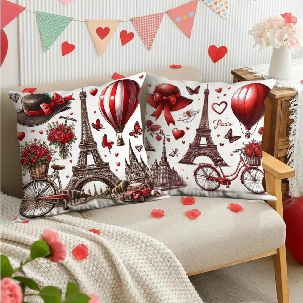 Chic Red Paris Theme Pillowcase - Eiffel Tower & Romantic Elements Print Pillow Cover for Sofa Bedroom Living Room